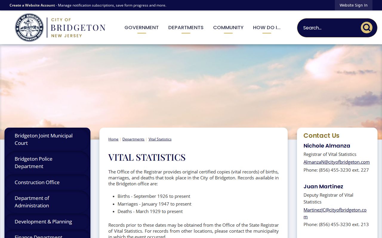 Bridgeton residents directory reference, Bridgeton Vital Statistics office page