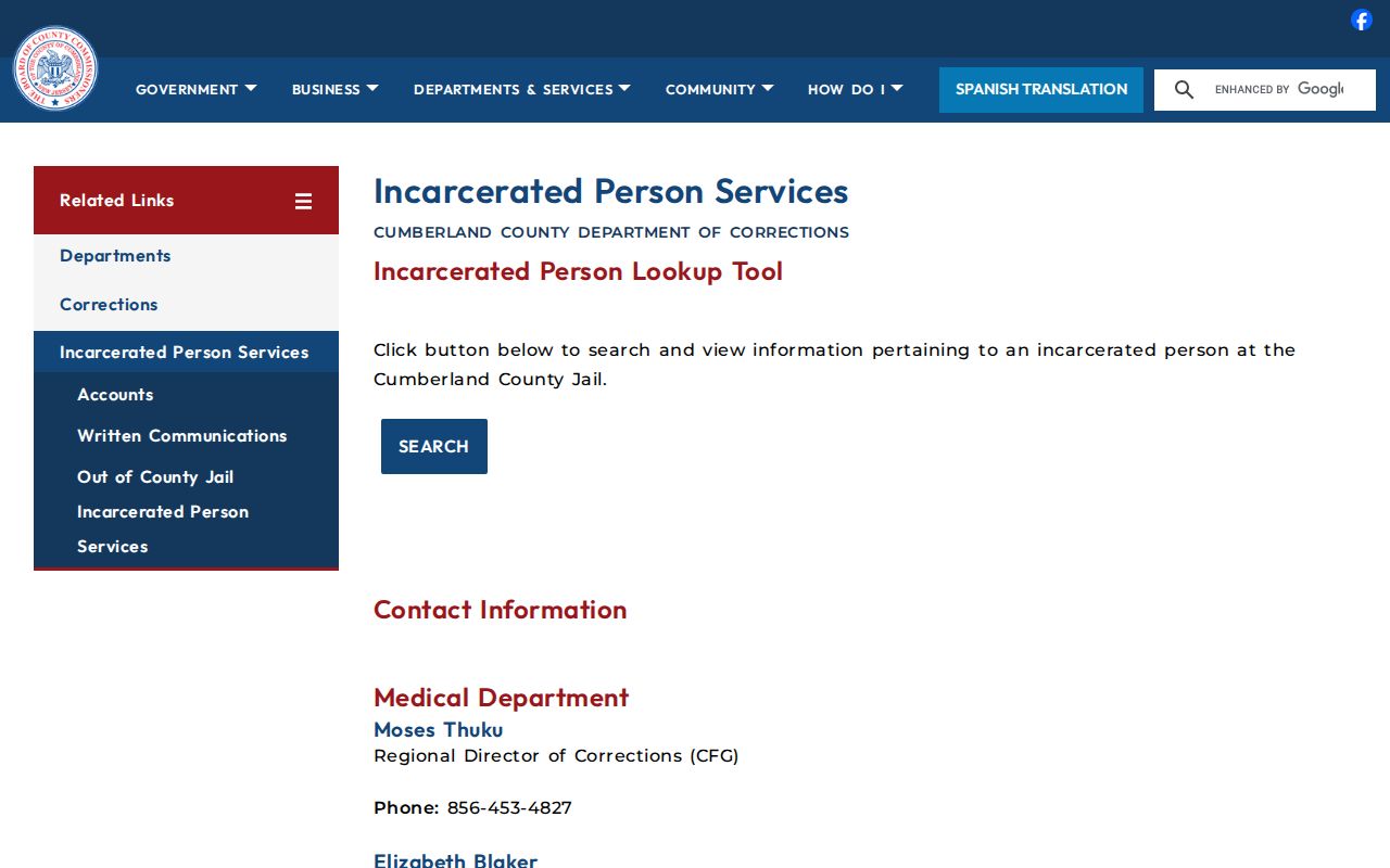 Bridgeton residents directory reference, Cumberland incarcerated-person lookup route